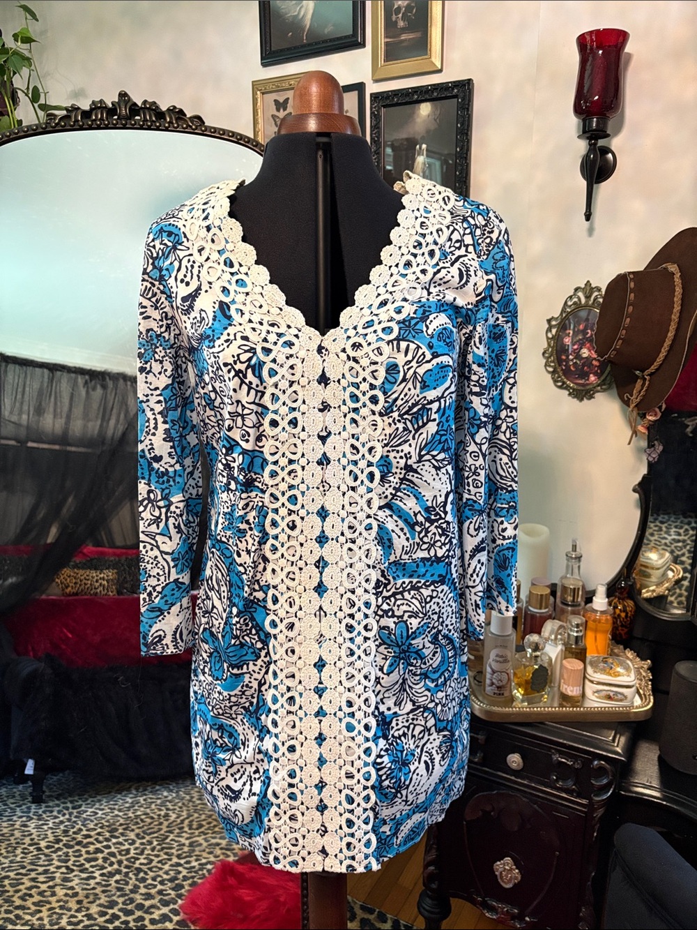 Lilly Pulitzer Blue White and Black Printed Tunic with Crochet Trim